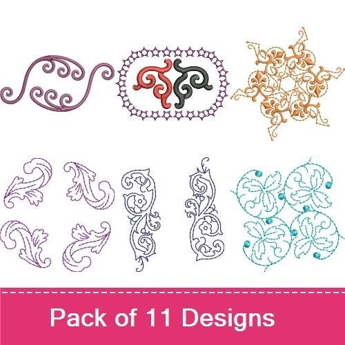 Elegant Scroll & Floral Embroidery Designs Bundle – Floral Scroll, Decorative Filigree, Swirling Floral Ornament & More (11 Designs)