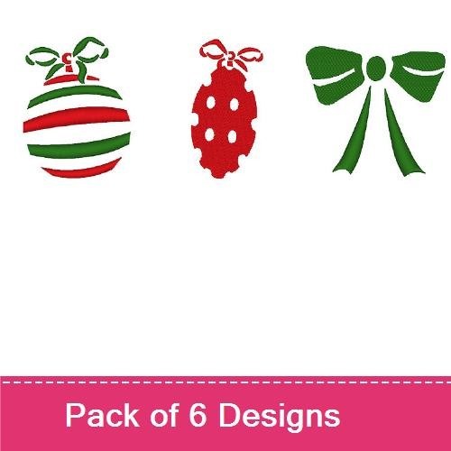 Festive Holiday Ornaments Embroidery Designs Bundle – Striped Christmas Ornament, Pinecone Ornament, Christmas Bow & More (6 Designs)