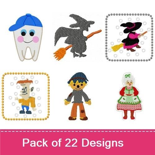 Halloween Characters Embroidery Designs Bundle – Ghost, Tooth Fairy, Frankenstein & More (22 Designs)