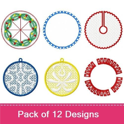 FSL Holiday Ornament Embroidery Designs Bundle – Holly Wreath, Floral Snowflake, Curly & More (12 Designs)