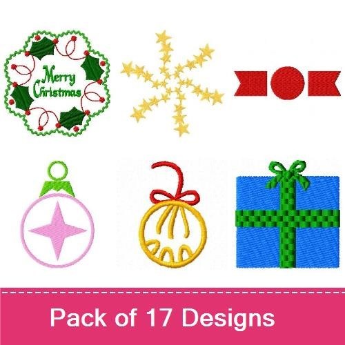 Festive Christmas Embroidery Designs Bundle – Merry Christmas Wreath, Christmas Ornament, Gift Box with Ribbon & More (17 Designs)