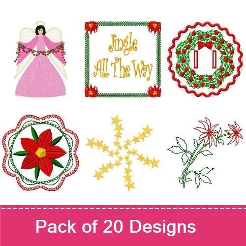 Christmas Holiday Embroidery Designs Bundle – Poinsettia Ornament, Angel Design, Jingle All The Way & More (20 Designs)