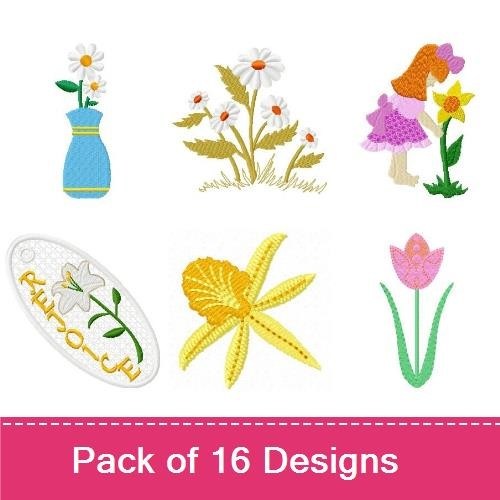 Kids & Flower Embroidery Designs Bundle – Daisy Flower Bouquet, Girl with Flowers, Tulip & More (16 Designs)