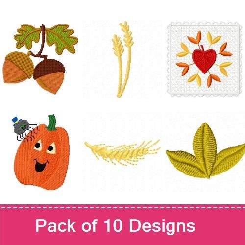 Autumn Leaves and Harvest Embroidery Designs Bundle – Smiling Pumpkin, Acorn, Heart with Leaves & More (10 Designs)