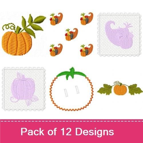 Autumn Harvest Embroidery Designs Bundle – Fall Decor Sign, Pumpkin with Leaves, Apples Border & More (12 Designs)