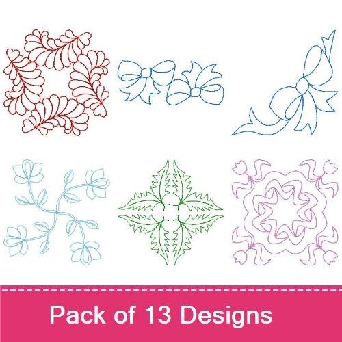 Redwork Elegant Floral & Ribbon Embroidery Designs Bundle – Floral Swirl, Ribbon Bow, Leafy Wreath & More (13 Designs)