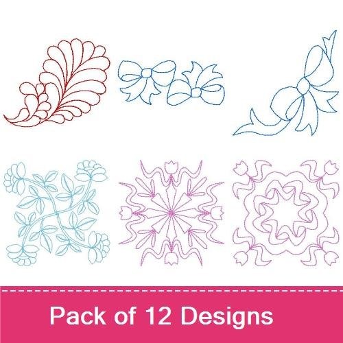 Redwork Elegant Floral & Ribbon Embroidery Designs Bundle – Floral Swirl, Ribbon Bow, Decorative Floral Vine & More (12 Designs)