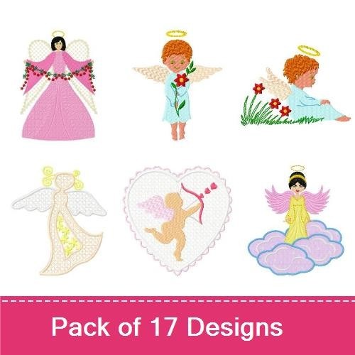 Angels & Cupid Embroidery Designs Bundle – Angel with Flower, Cupid with Bow, Angel Holding Gift & More (17 Designs)