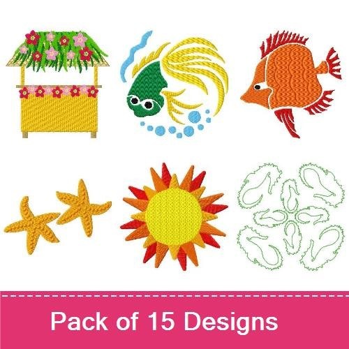 Summer Beach Embroidery Designs Bundle – Starfish, Beach Drink, Hut & More (15 Designs)