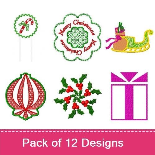 Christmas Ornaments Embroidery Bundle – Holly Branch, Sleigh, Gift Boxes & More (12 Designs)