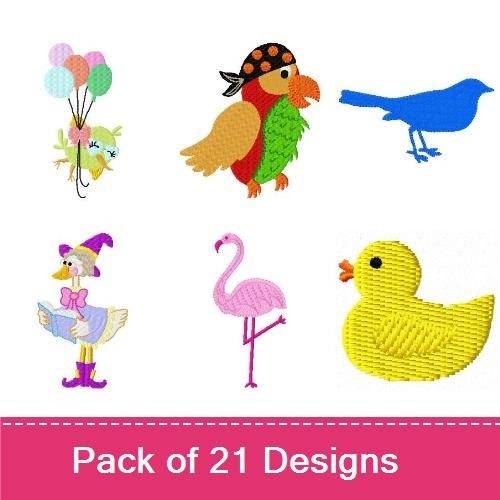 Whimsical Birds Embroidery Designs Bundle – Reading Bird, Pirate Parrot, Colorful Peacock & More (21 Designs)