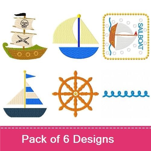 Nautical Sailing Embroidery Bundle – Sailboat with Blue Flag, Pirate Ship, Ship Wheel & More (6 Designs)