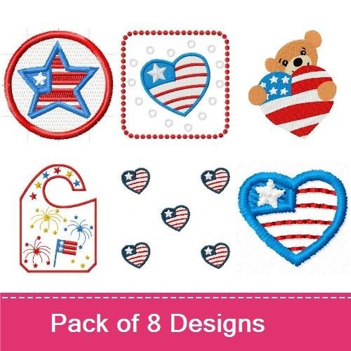 Patriotic Hearts & Stars Embroidery Designs Bundle – Star with Stripes, Heart with Flag, Bear with Flag & More (8 Designs)