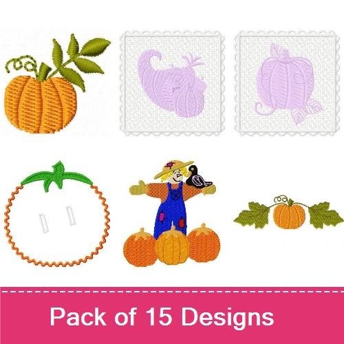 Autumn Harvest Embroidery Designs Bundle – Scarecrow with Pumpkin, Pumpkin Stack, Acorn with Leaf & More (15 Designs)
