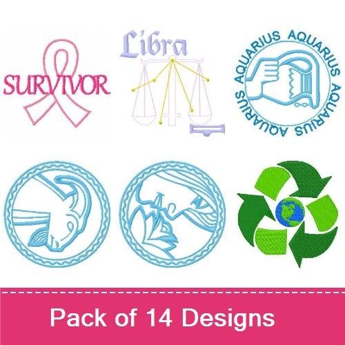 Awareness and Zodiac Symbols Embroidery Designs Bundle – Awareness Ribbon, Libra Zodiac Symbol, Pink Ribbon & More (14 Designs)