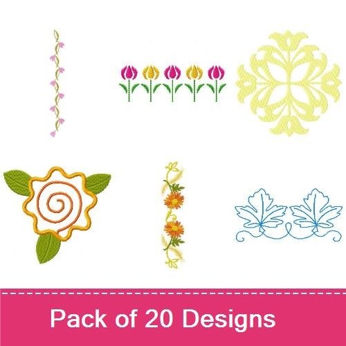 Floral and Seasonal Embroidery Designs Bundle – Sunflower Vine, Tulip Border, Swirling Rose & More (20 Designs)