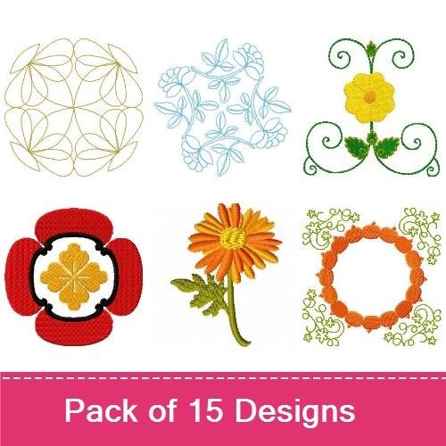 Floral and Lace Embroidery Designs Bundle – Orange Flower, Circular Lace Design, Floral Lace Motif & More (15 Designs)