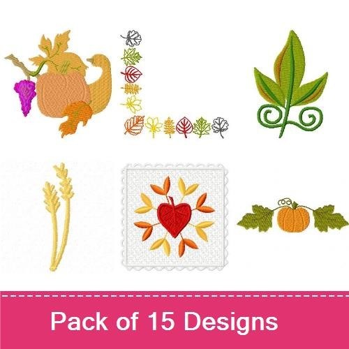 Autumn Harvest Embroidery Designs Bundle – Pumpkin with Leaves, Cornucopia, Tree with Leaves & More (15 Designs)