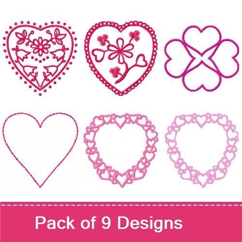 Redwork Charming Heart Embroidery Bundle – Decorative Heart with Flowers, Floral Heart, Heart with Clover & More (8 Designs)