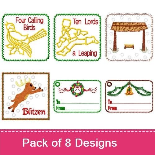 Christmas Gift Tag Embroidery Designs Bundle – Wreath, Bell, Reindeer, Christmas Tree & More (8 Designs)