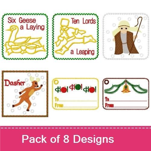 Christmas Gift Tag & Decoration Embroidery Designs Bundle – Ho Ho Ho Gift Tag, Santa Claus Decoration, & More (8 Designs)