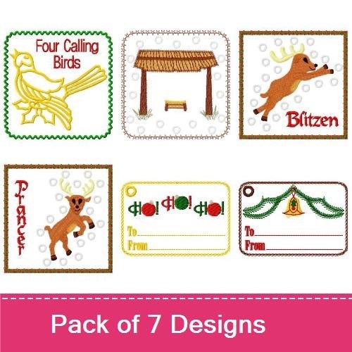 Redwork Christmas Holiday Embroidery Designs Bundle – Christmas Bell Tag, Reindeer Blitzen, Gift Tag with Ornaments & More (7 Designs)