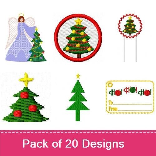 Christmas Tree Embroidery Designs Bundle – Decorated Tree, Tree with Ornaments, Christmas Tree Card & More (20 Designs)