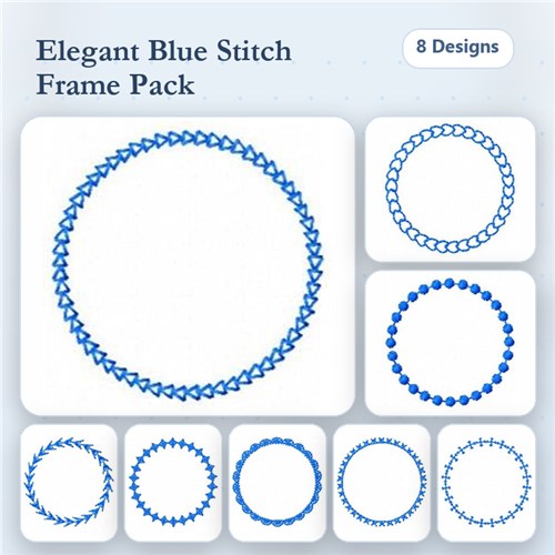 Blue Stitch Frames Embroidery Designs Bundle – Triangular, Circular, Dotted, Leafy & More (8 Designs)