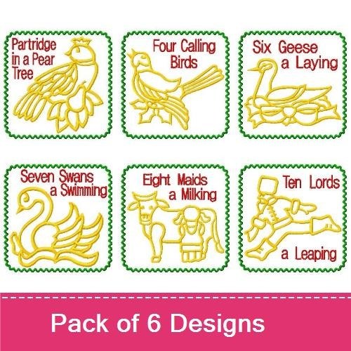 Redwork Twelve Days of Christmas Embroidery Bundle – Partridge in a Pear Tree, Four Calling Birds, Six Geese a Laying & More (6 Designs)