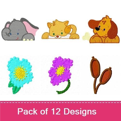 Elephant, Cat & Dog Embroidery Bundle – Floral Designs (12 Designs)