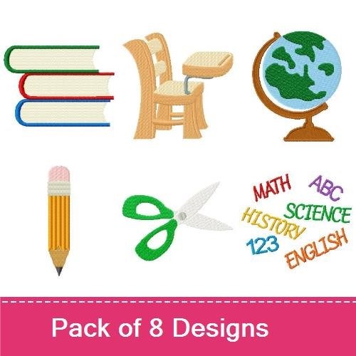 Back to School Embroidery Designs Bundle – Backpack, Books, School Chair & More (8 Designs)