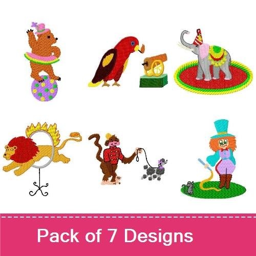 Circus Animals Embroidery Designs Bundle – Bear on Ball, Parrot, Elephant with Party Hat & More (7 Designs)