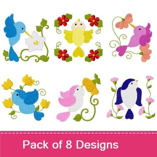 Colorful Birds and Flowers Embroidery Designs Bundle – Blue Bird with Flower, Yellow Bird with Flower, & More (8 Designs)
