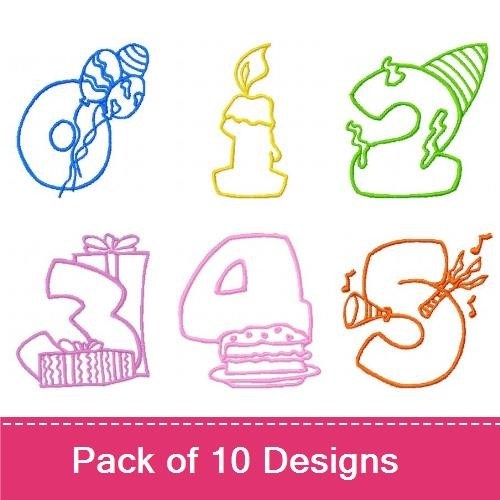 Redwork Birthday Numbers Embroidery Designs Bundle – Number 0 with Balloons, Number 1 with Candle, & More (10 Designs)