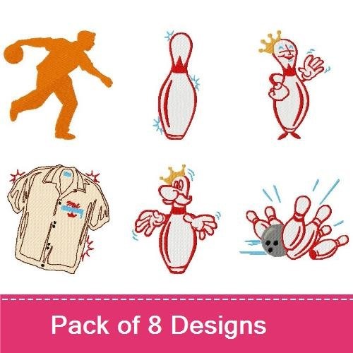 Redwork Bowling Themed Embroidery Designs Bundle – Bowling Pin with Heart, Funny Bowling Character, Bowling Strike & More (8 Designs)