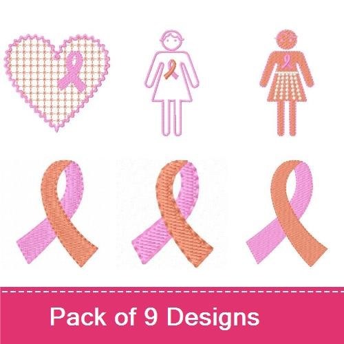 Breast Cancer Awareness Embroidery Bundle – Ribbon Heart, Ribbon Woman, Floral Motifs & More (9 Designs)