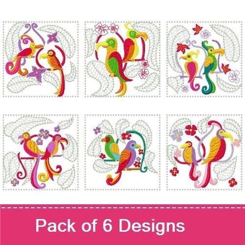 Colorful Tropical Birds Embroidery Designs Bundle – Tropical Bird with Flowers, Parrot with Floral Design, & More (6 Designs)