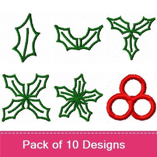 Holly Leaf Embroidery Designs Bundle – Holly Leaf with Berries, Holly Leaf, Holly Bough & More (10 Designs)