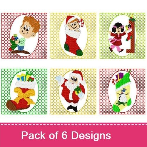 Christmas Stockings Embroidery Designs Bundle – Santa with Gift, Child with Stocking, Penguin & More (6 Designs)