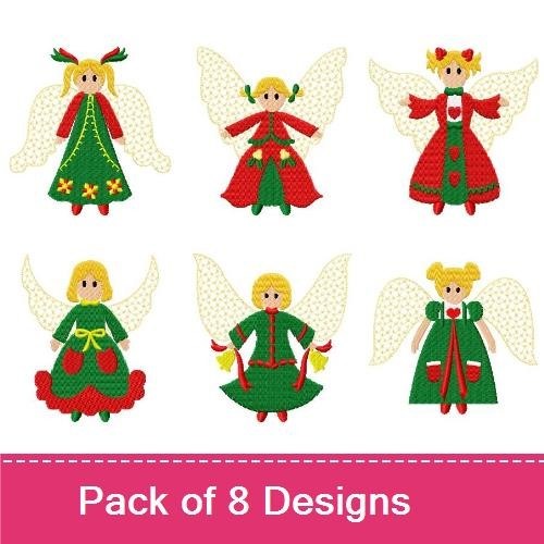 Applique Christmas Angels Embroidery Bundle – Green Dress, Red Dress, Wings & More (8 Designs)