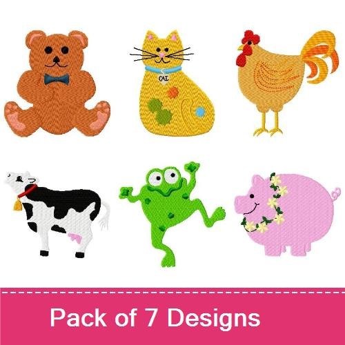 Cute Farm Animal Embroidery Bundle – Teddy Bear, Bunny Rabbit, Cat, Hen & More (7 Designs)