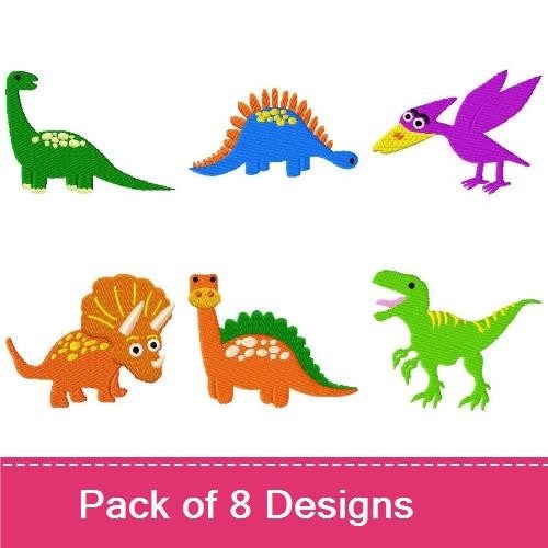 Cute Dinosaur Embroidery Designs Bundle – Brontosaurus, Tyrannosaurus Rex, Stegosaurus & More (8 Designs)