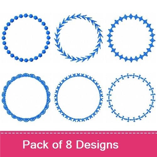 Blue Stitch Frames Embroidery Designs Bundle – Triangular, Circular, Dotted, Leafy & More (8 Designs)