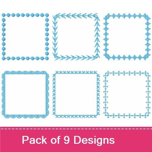 Blue Stitched Square Borders Embroidery Designs Bundle – Decorative Square Border with Loops, Plain Square Border, Dotted Square Border & More (9 Designs)