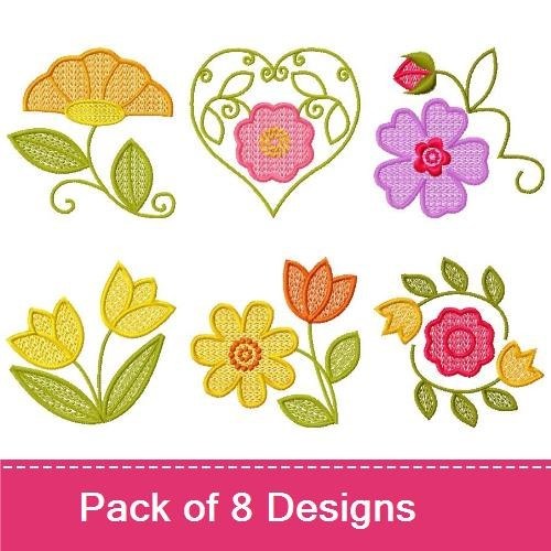Floral Embroidery Designs Bundle – Heart with Flower, Pink Floral Bouquet, Blue Vase with Flowers & More (8 Designs)
