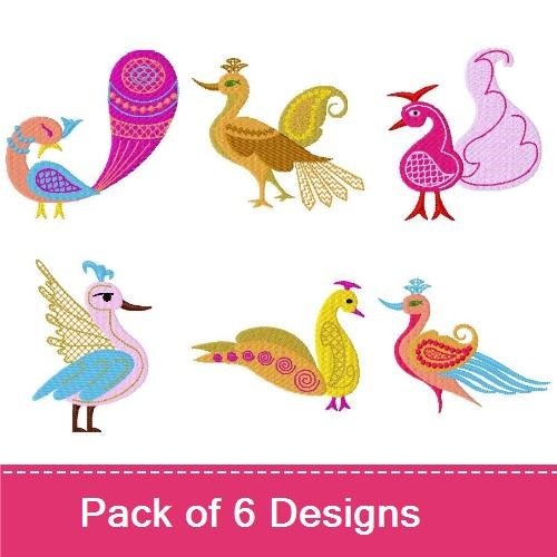 Colorful Fantasy Birds Embroidery Designs Bundle – Fantasy Bird with Tail, Pink Fantasy Bird, Yellow Fantasy Bird & More (6 Designs)