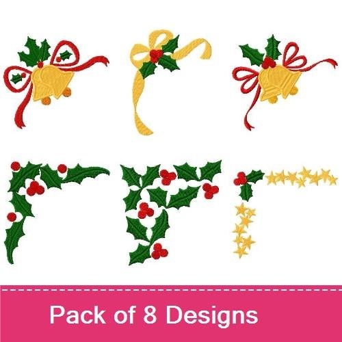 Holly & Bells Embroidery Designs Bundle – Holly with Red Bow, Bells with Holly, Holly and Ribbon & More (8 Designs)