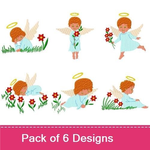 Angels with Flowers Embroidery Designs Bundle – Angel with Flowers, Angel with Flower Bouquet, & More (6 Designs)