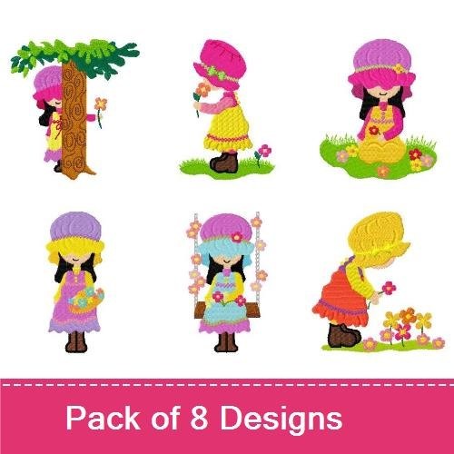 Sweet Girls with Flowers Embroidery Designs Bundle – Girl with Flower, Girl Under Tree, Girl Dancing with Flowers & More (8 Designs)