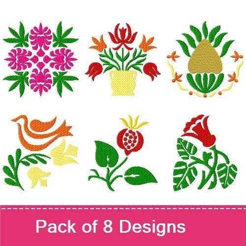 Folk Floral Embroidery Designs Bundle – Flower Bouquet in Vase, Pink Floral Medallion, Pineapple Motif & More (8 Designs)